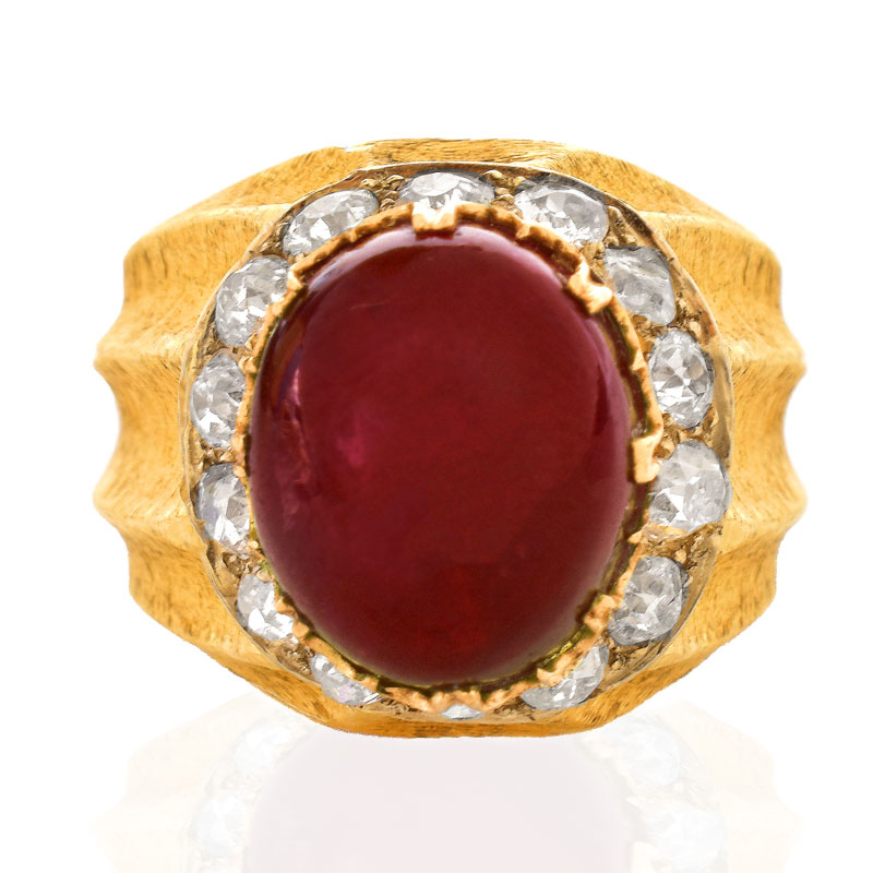 Vintage Mario Buccellati Approx. 25.0 Carat Cabochon Ruby, 2.10 Carat Old Mine Cut Diamond and 18 Karat Yellow Gold Ring.