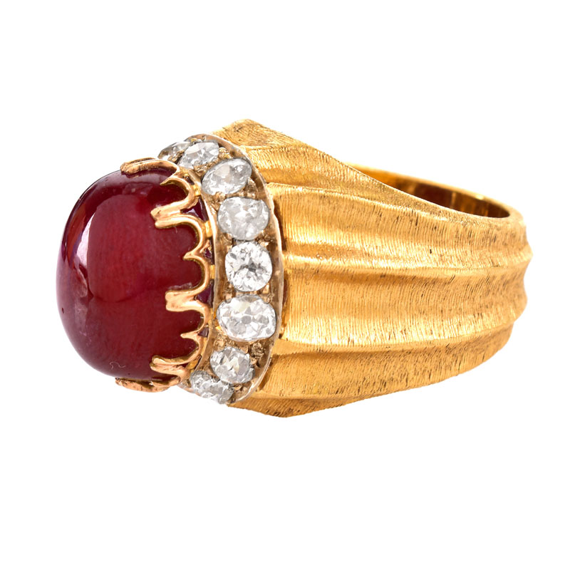 Vintage Mario Buccellati Approx. 25.0 Carat Cabochon Ruby, 2.10 Carat Old Mine Cut Diamond and 18 Karat Yellow Gold Ring.