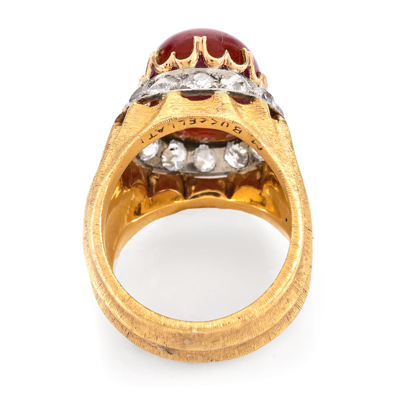 Vintage Mario Buccellati Approx. 25.0 Carat Cabochon Ruby, 2.10 Carat Old Mine Cut Diamond and 18 Karat Yellow Gold Ring.