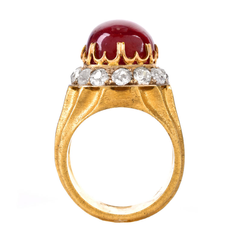 Vintage Mario Buccellati Approx. 25.0 Carat Cabochon Ruby, 2.10 Carat Old Mine Cut Diamond and 18 Karat Yellow Gold Ring.