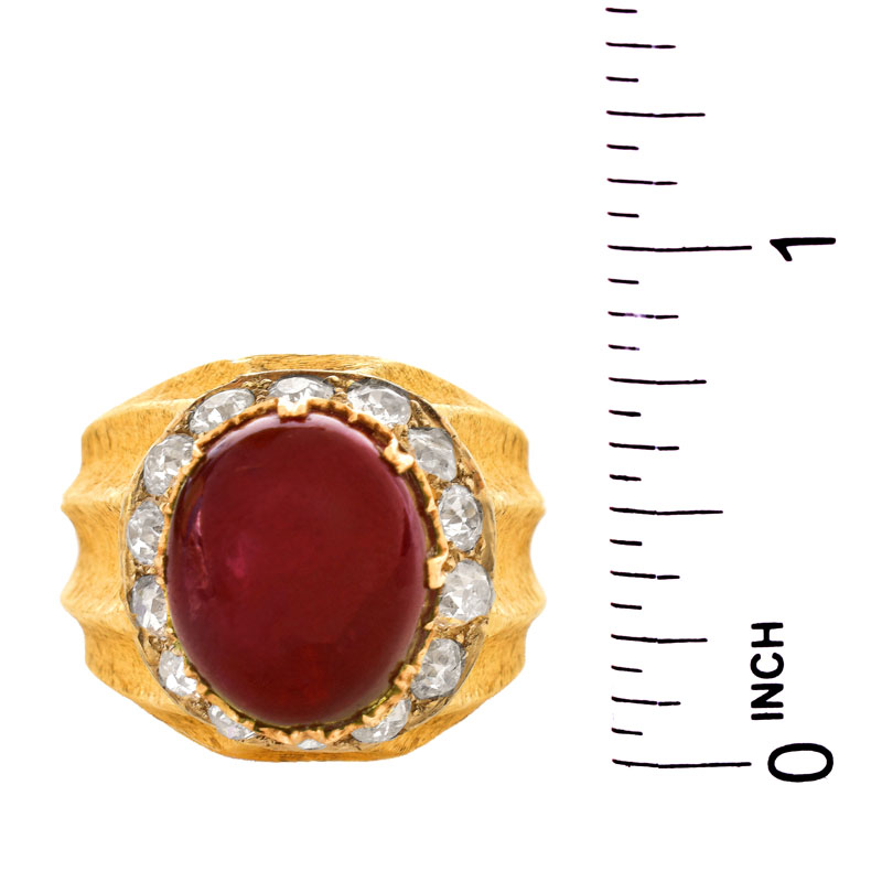 Vintage Mario Buccellati Approx. 25.0 Carat Cabochon Ruby, 2.10 Carat Old Mine Cut Diamond and 18 Karat Yellow Gold Ring.