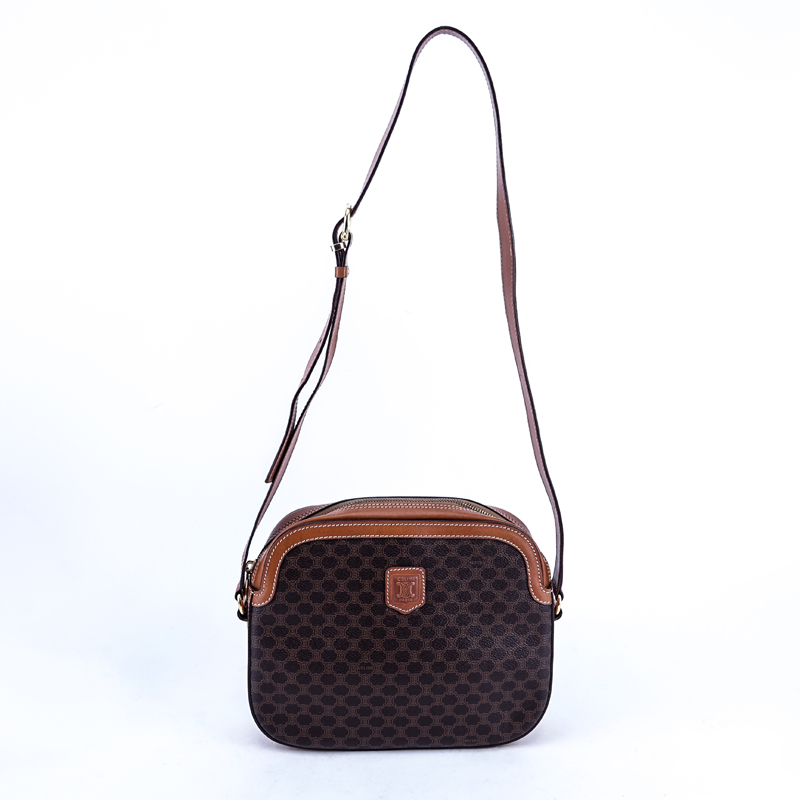 Celine Macadame Brown Coated Canvas Vintage Crossbody Bag With Exterior Pocket.