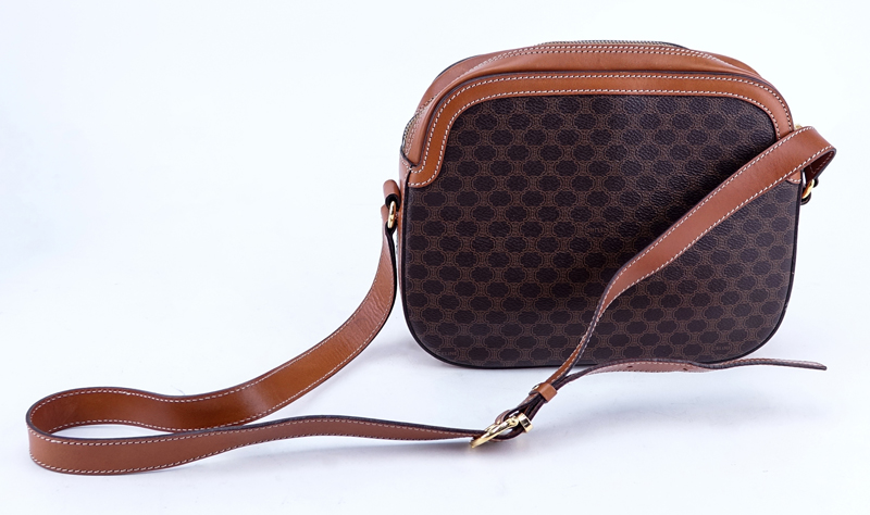 Celine Macadame Brown Coated Canvas Vintage Crossbody Bag With Exterior Pocket.