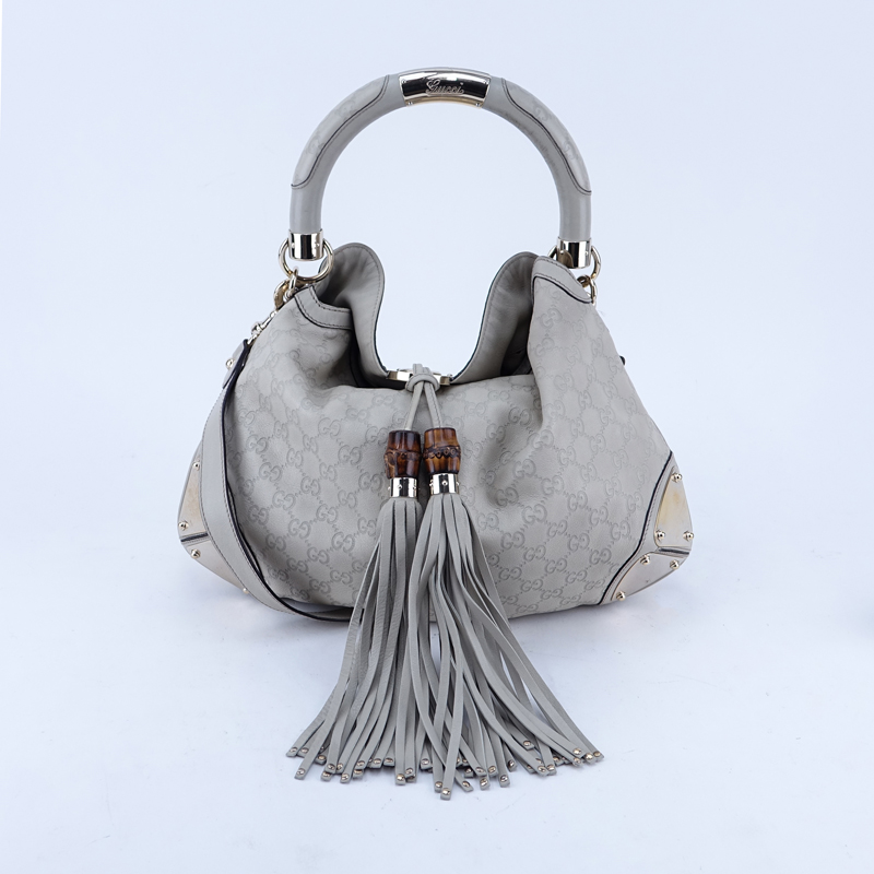 Gucci Beige Monogram Leather Indy Hobo Guccissima MM Bag.