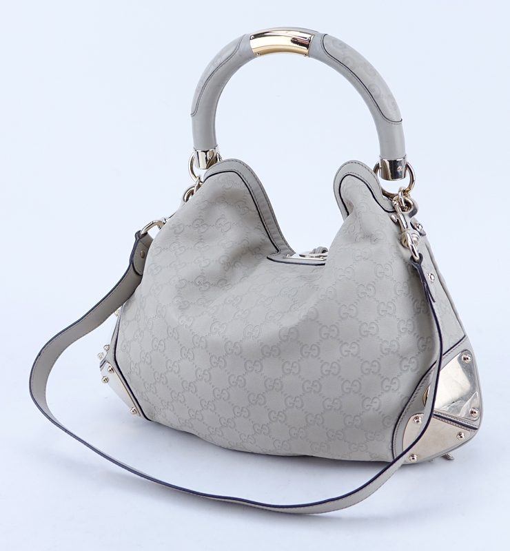 Gucci Beige Monogram Leather Indy Hobo Guccissima MM Bag.