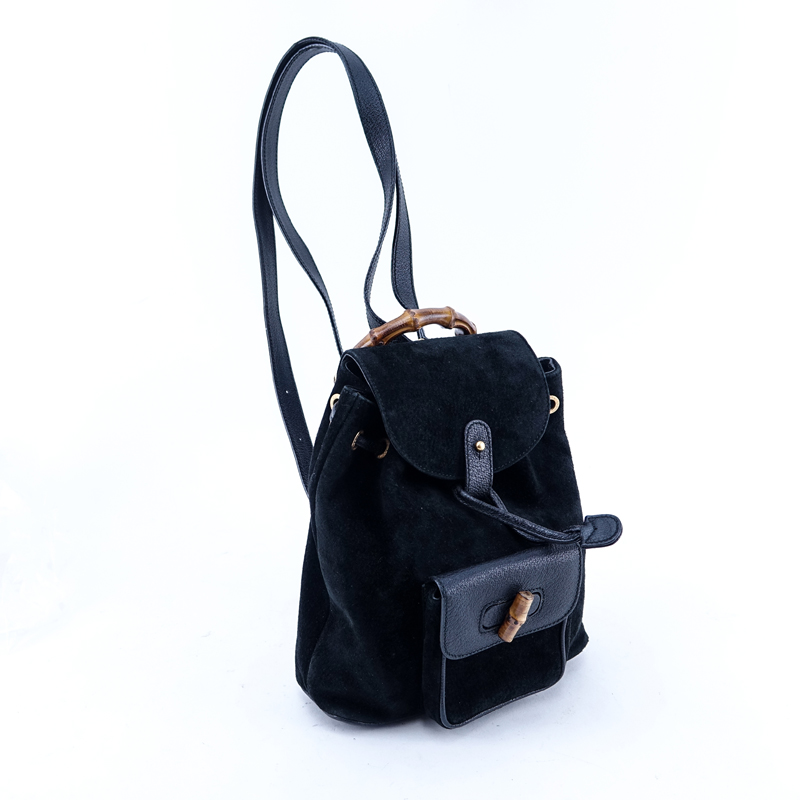 Gucci Black Suede And Leather Bamboo PM Backpack.