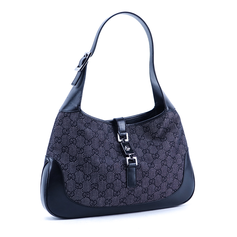 Gucci Black Monogram Denim Canvas And Leather Jackie MM Hobo Bag.