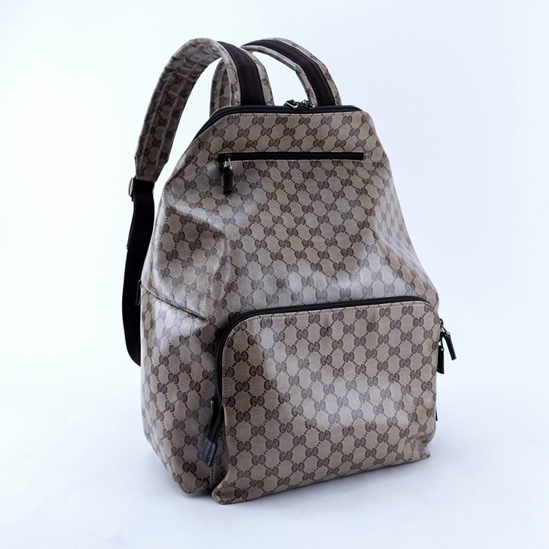 Gucci Beige Monogram Coated Canvas Travel Backpack.