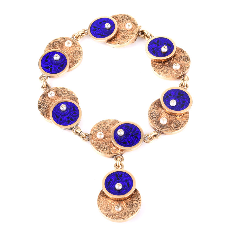 Antique Russian Faberge 56 Gold (14K), Guilloche Enamel and Seed Pearl Bracelet with Locket.