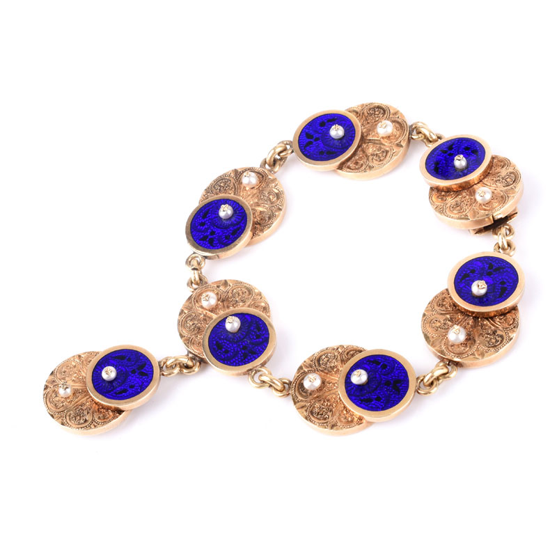 Antique Russian Faberge 56 Gold (14K), Guilloche Enamel and Seed Pearl Bracelet with Locket.
