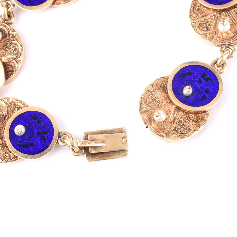 Antique Russian Faberge 56 Gold (14K), Guilloche Enamel and Seed Pearl Bracelet with Locket.