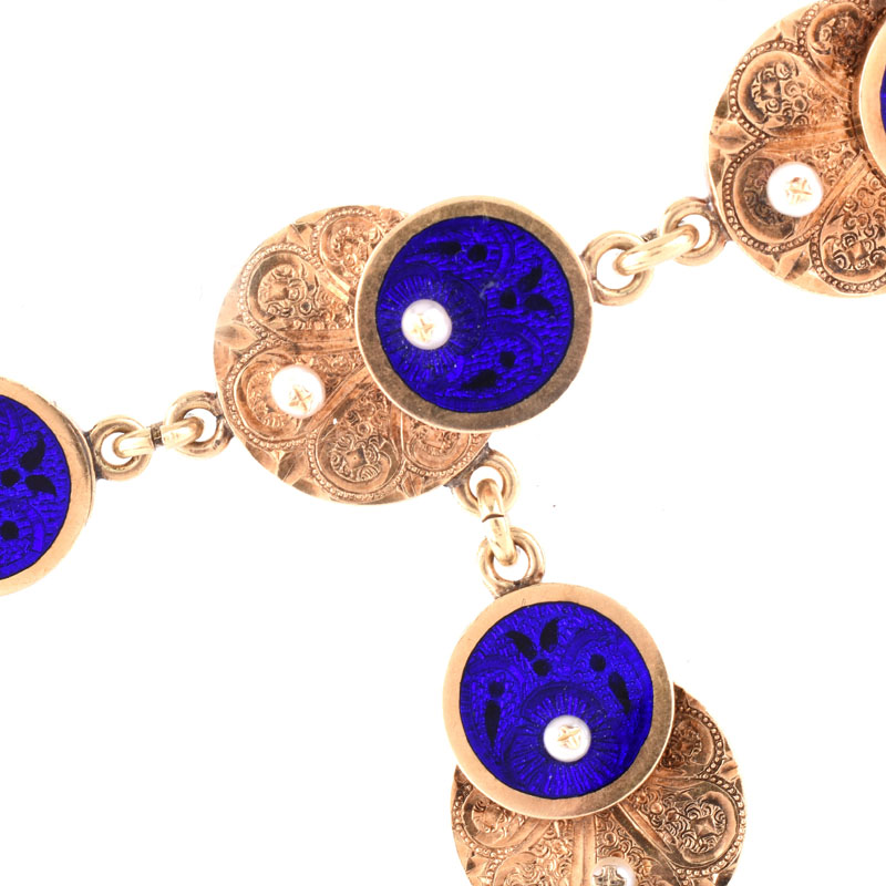 Antique Russian Faberge 56 Gold (14K), Guilloche Enamel and Seed Pearl Bracelet with Locket.