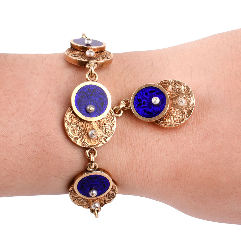 Antique Russian Faberge 56 Gold (14K), Guilloche Enamel and Seed Pearl Bracelet with Locket.