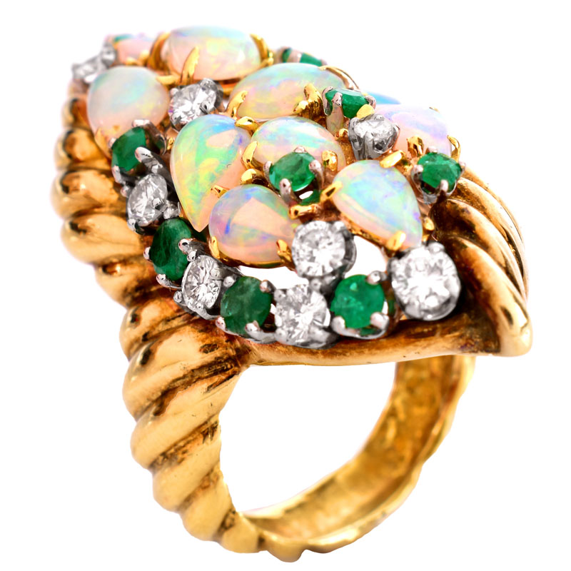 Vintage Estate Pear Shape Opal, Round Cut Emerald, Round Brilliant Cut Diamond and Heavy 18 Karat Yellow Gold Ring.