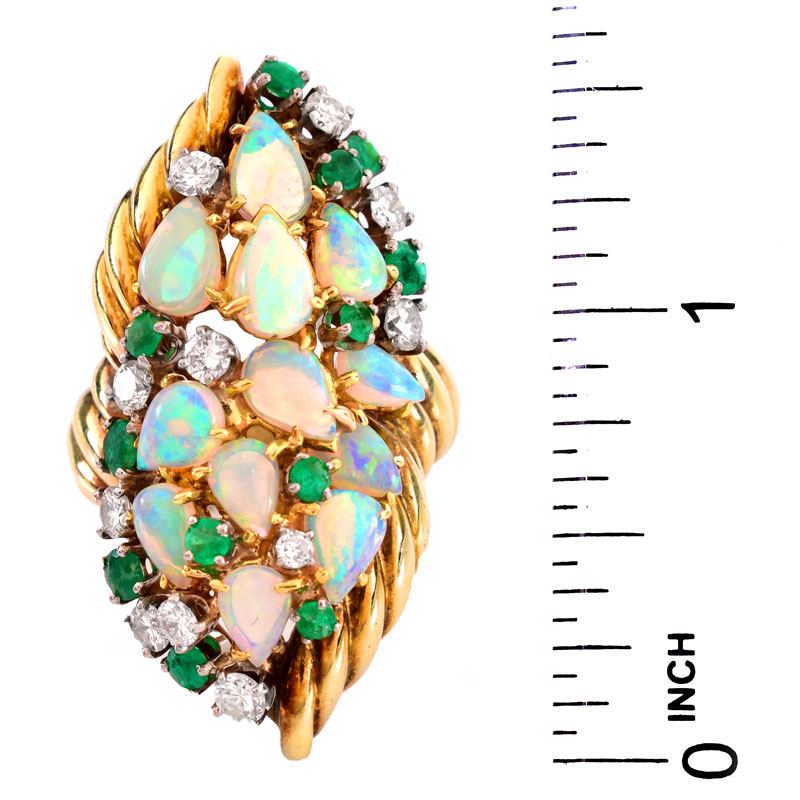 Vintage Estate Pear Shape Opal, Round Cut Emerald, Round Brilliant Cut Diamond and Heavy 18 Karat Yellow Gold Ring.