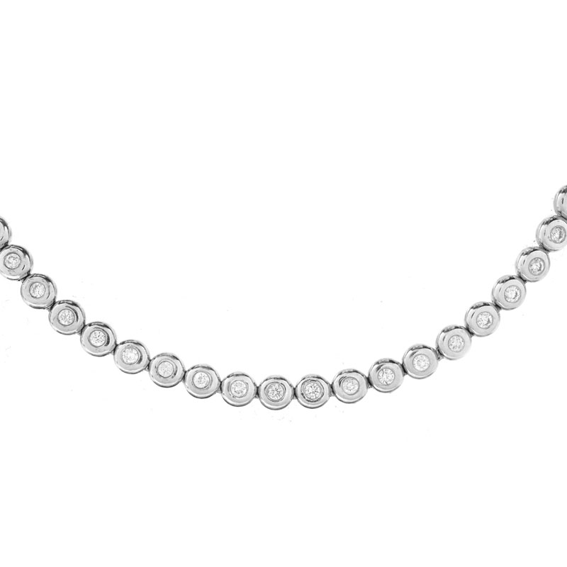 Approx. 15.60 Carat Bezel Set Round Brilliant Cut Diamond and 14 Karat White Gold 32-1/2" Long Tennis Necklace.
