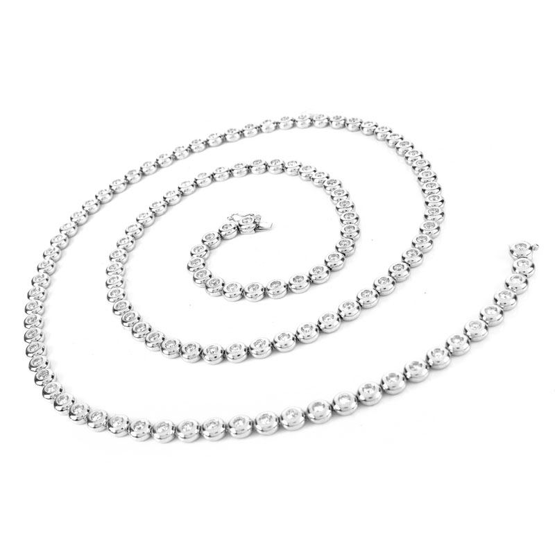 Approx. 15.60 Carat Bezel Set Round Brilliant Cut Diamond and 14 Karat White Gold 32-1/2" Long Tennis Necklace.