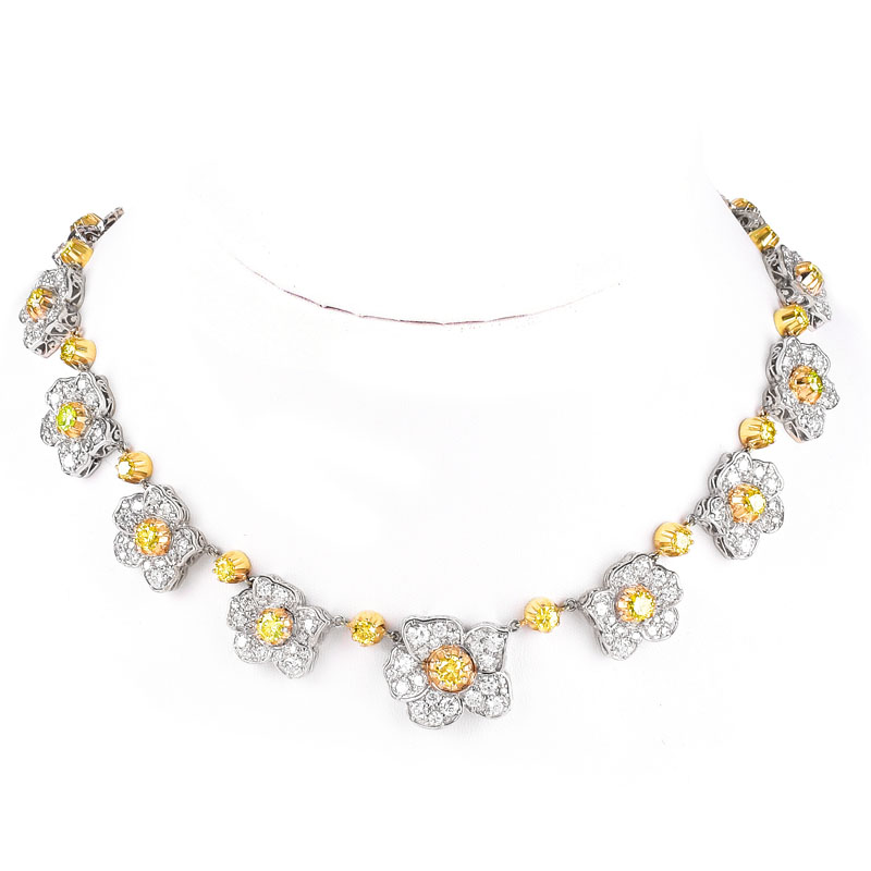 Lady's Vintage Approx. 28.0 Carat TW Round Brilliant Cut Fancy Yellow Diamond,  Pave Set Round Brilliant Cut White Diamond and 18 Karat White Gold Flower Necklace.