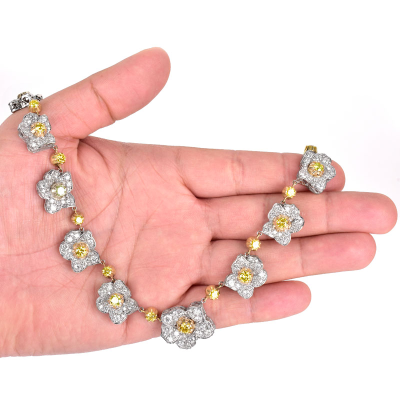 Lady's Vintage Approx. 28.0 Carat TW Round Brilliant Cut Fancy Yellow Diamond,  Pave Set Round Brilliant Cut White Diamond and 18 Karat White Gold Flower Necklace.