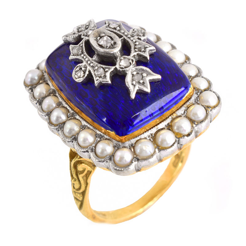 Antique English 18 Karat Yellow Gold, Enamel, Seed Pearl and Diamond Ring.