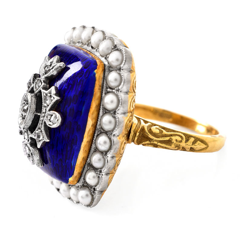 Antique English 18 Karat Yellow Gold, Enamel, Seed Pearl and Diamond Ring.