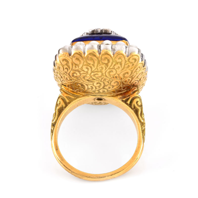 Antique English 18 Karat Yellow Gold, Enamel, Seed Pearl and Diamond Ring.