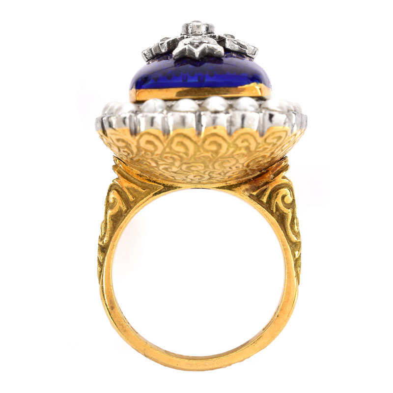 Antique English 18 Karat Yellow Gold, Enamel, Seed Pearl and Diamond Ring.