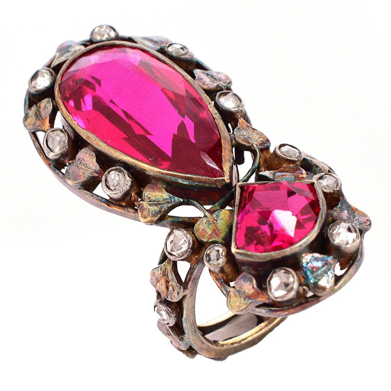 Antique Rose Cut Diamond, Man Made Ruby and Silver Topped Yellow Gold Ring.