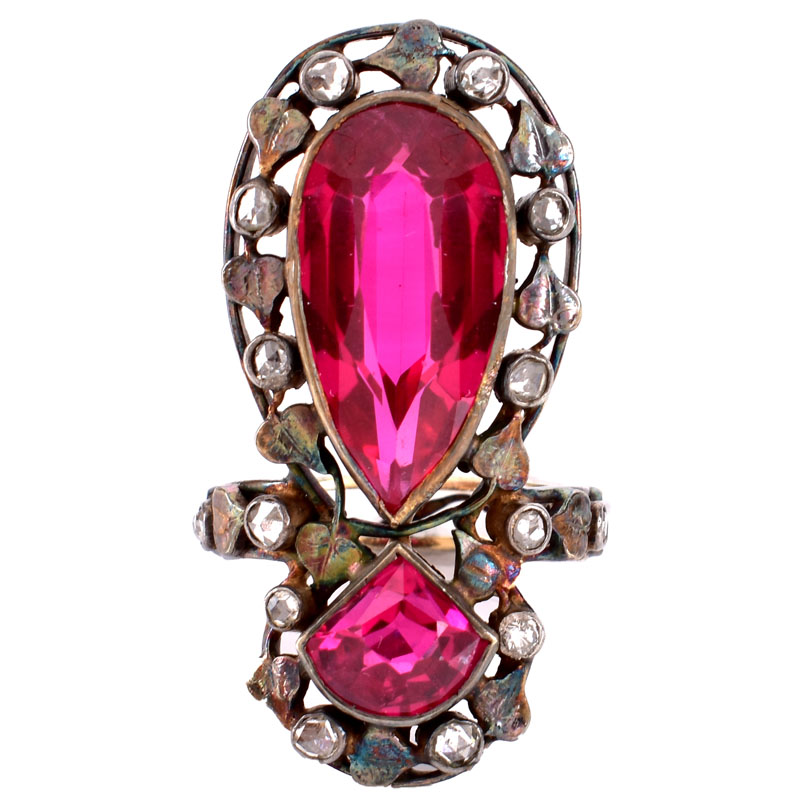 Antique Rose Cut Diamond, Man Made Ruby and Silver Topped Yellow Gold Ring.