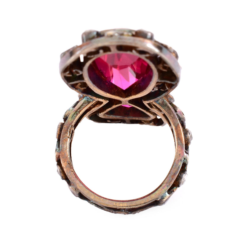 Antique Rose Cut Diamond, Man Made Ruby and Silver Topped Yellow Gold Ring.