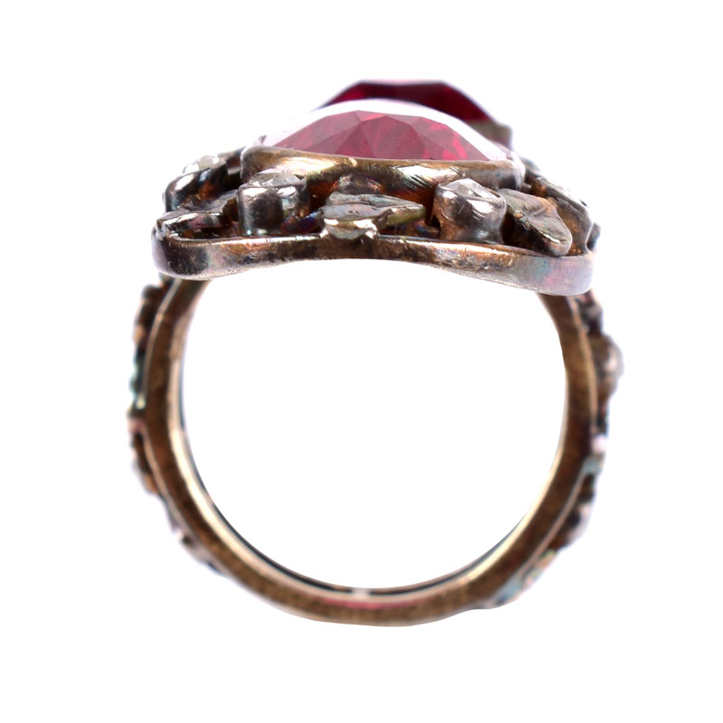 Antique Rose Cut Diamond, Man Made Ruby and Silver Topped Yellow Gold Ring.