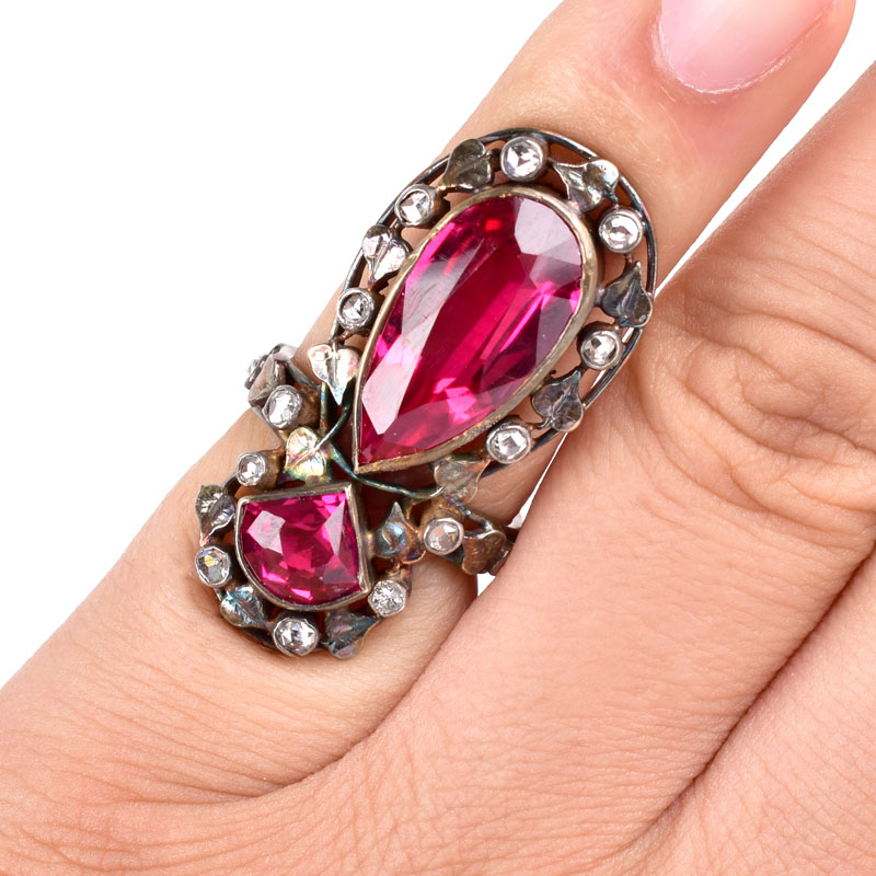 Antique Rose Cut Diamond, Man Made Ruby and Silver Topped Yellow Gold Ring.
