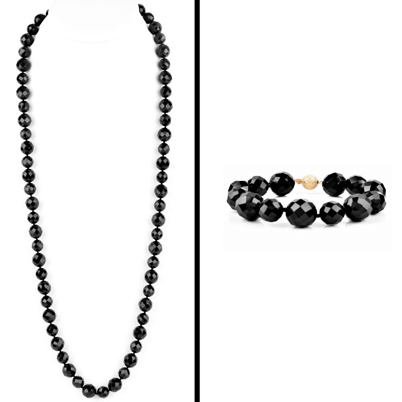 Vintage Faceted Black Onyx Bead Necklace and Bracelet Suite Each with 14 Karat Yellow Gold Clasp.