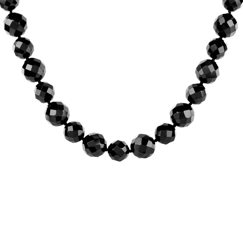 Vintage Faceted Black Onyx Bead Necklace and Bracelet Suite Each with 14 Karat Yellow Gold Clasp.