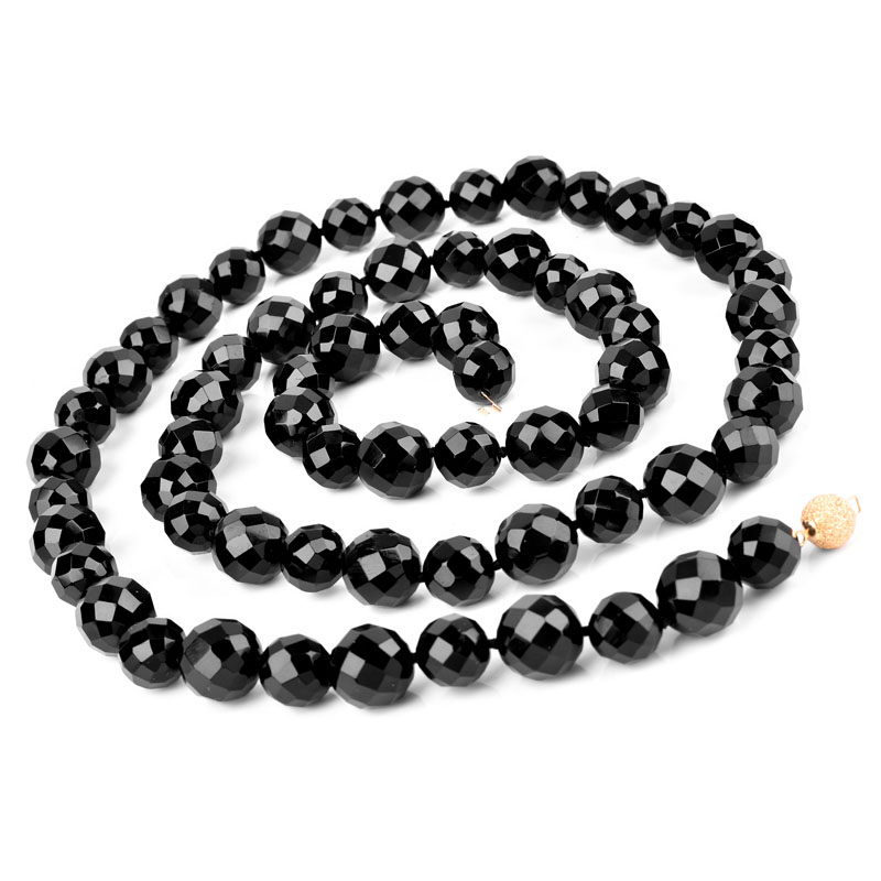 Vintage Faceted Black Onyx Bead Necklace and Bracelet Suite Each with 14 Karat Yellow Gold Clasp.