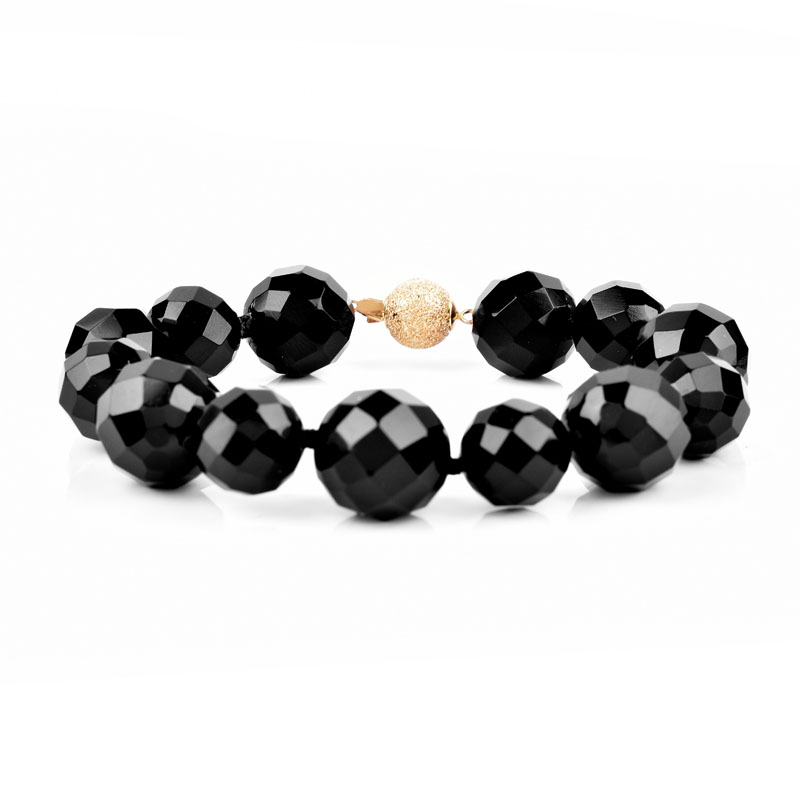 Vintage Faceted Black Onyx Bead Necklace and Bracelet Suite Each with 14 Karat Yellow Gold Clasp.