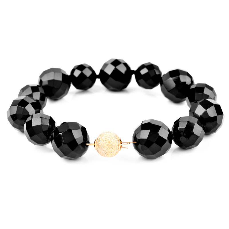 Vintage Faceted Black Onyx Bead Necklace and Bracelet Suite Each with 14 Karat Yellow Gold Clasp.