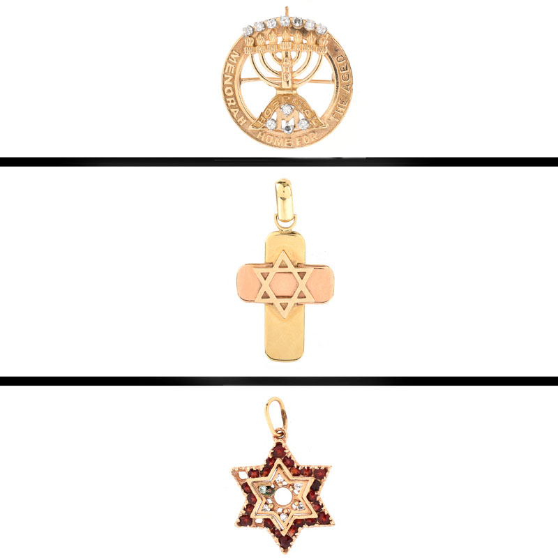 Three (3) Piece Vintage Judaica Jewelry Lot Including an Italian Chimento 18 Karat Yellow and Rose Gold Pendant, 14 Karat Yellow Gold Brooch with Round Cut Diamonds and 14 Karat Yellow Gold Star Pendant with Rubies and Diamonds.