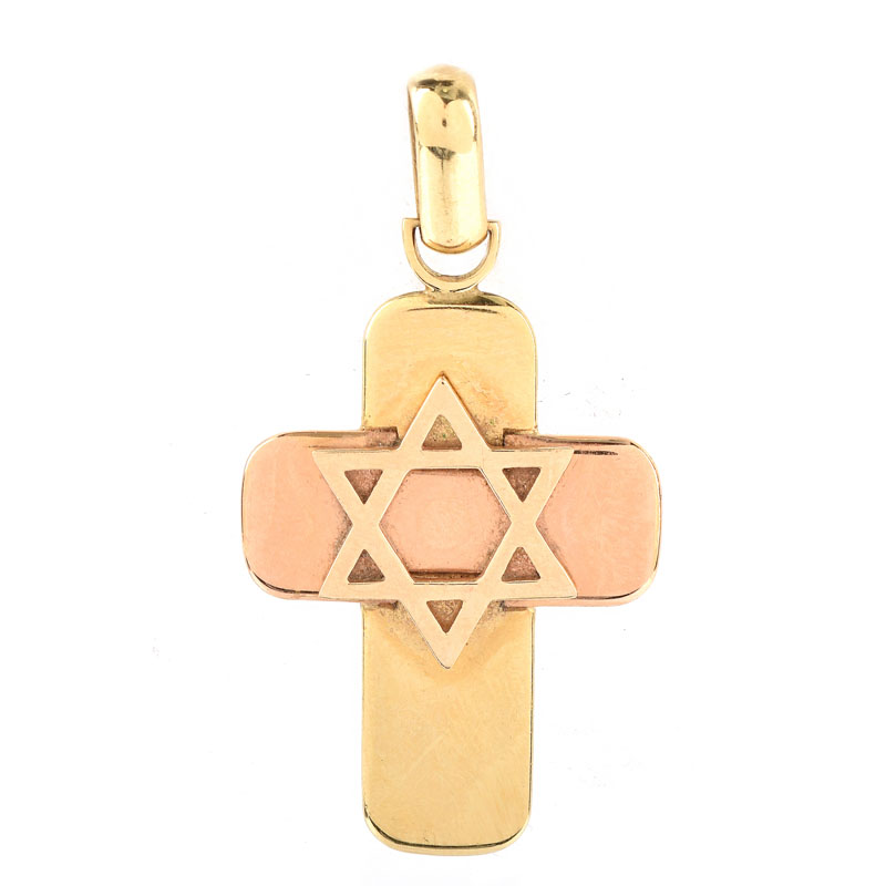 Three (3) Piece Vintage Judaica Jewelry Lot Including an Italian Chimento 18 Karat Yellow and Rose Gold Pendant, 14 Karat Yellow Gold Brooch with Round Cut Diamonds and 14 Karat Yellow Gold Star Pendant with Rubies and Diamonds.