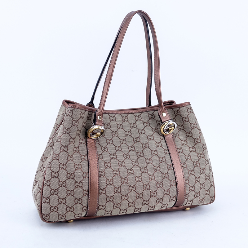 Gucci Beige/Metallic Brown And Leather Monogram Canvas Twins PM Tote. Gold and silver tone hardware.