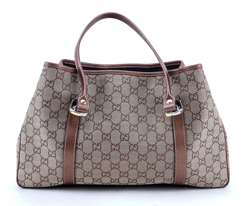 Gucci Beige/Metallic Brown And Leather Monogram Canvas Twins PM Tote. Gold and silver tone hardware.