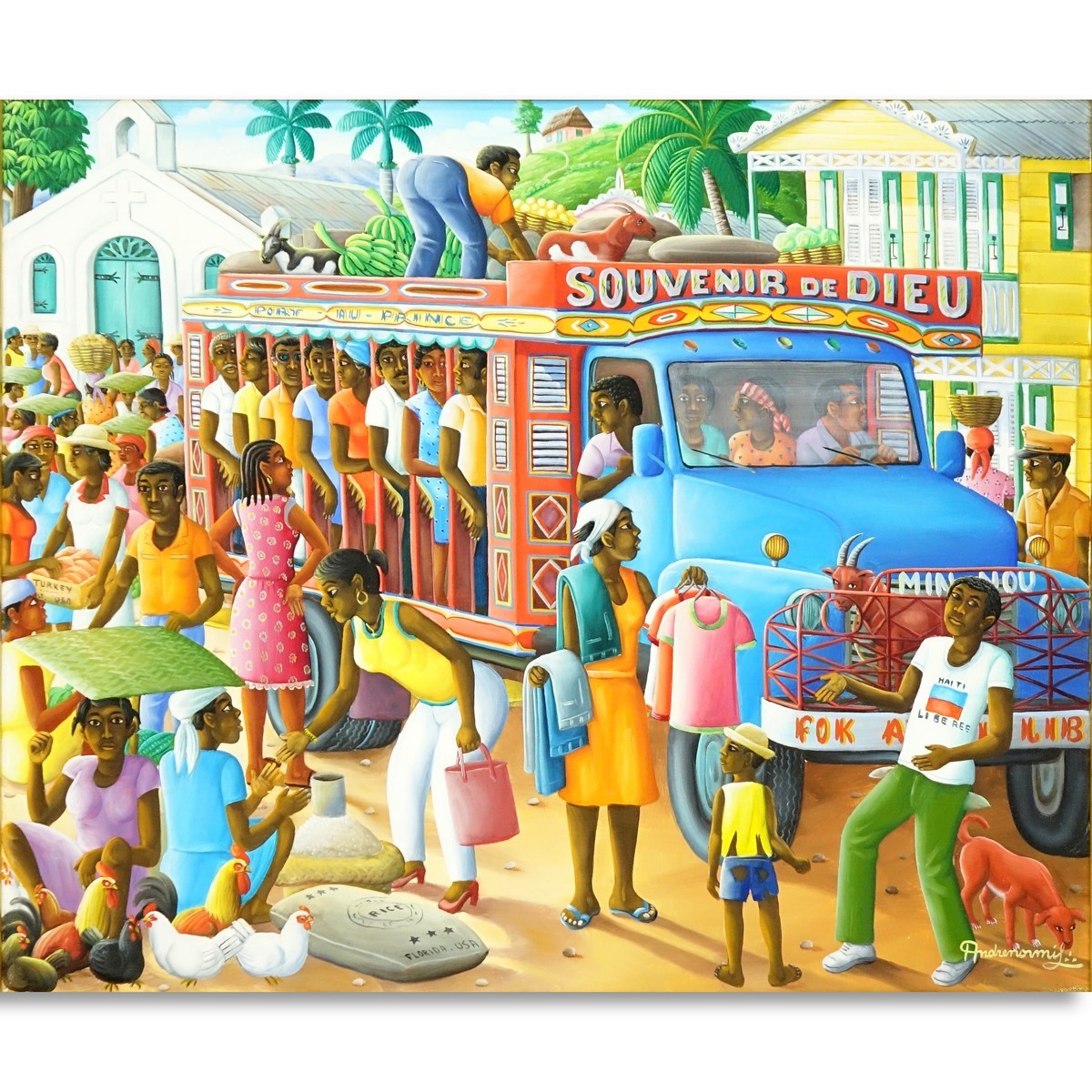 Andre Normil, Haitian (born 1934) Oil on Canvas, Busy Street Scene, Signed Lower Right. Artist information attached en verso.