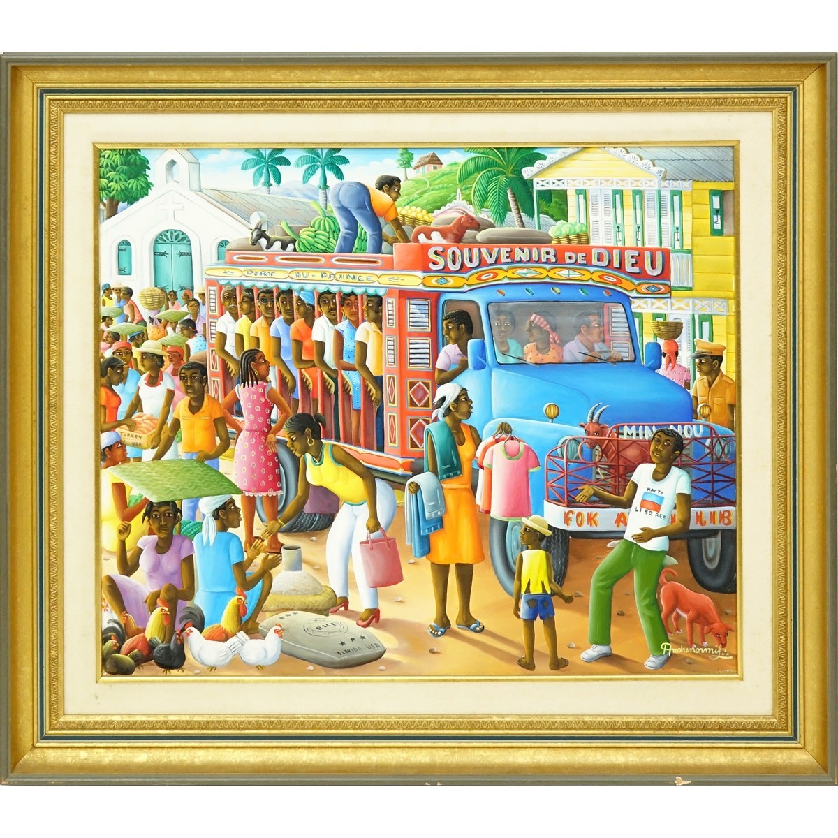 Andre Normil, Haitian (born 1934) Oil on Canvas, Busy Street Scene, Signed Lower Right. Artist information attached en verso.