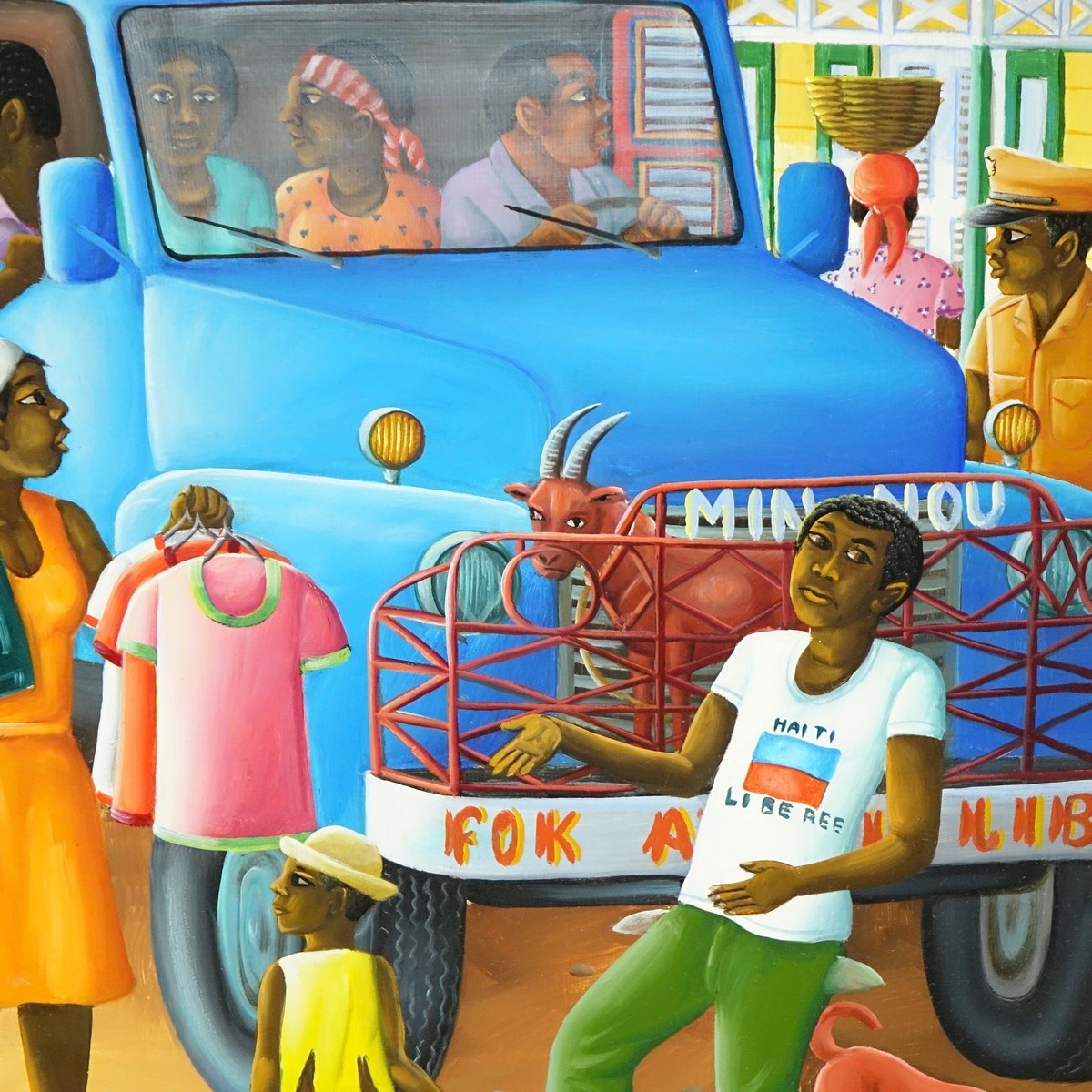 Andre Normil, Haitian (born 1934) Oil on Canvas, Busy Street Scene, Signed Lower Right. Artist information attached en verso.