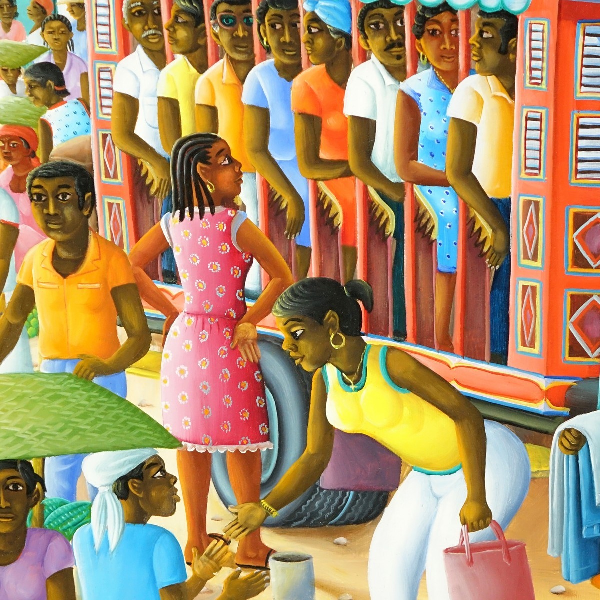 Andre Normil, Haitian (born 1934) Oil on Canvas, Busy Street Scene, Signed Lower Right. Artist information attached en verso.