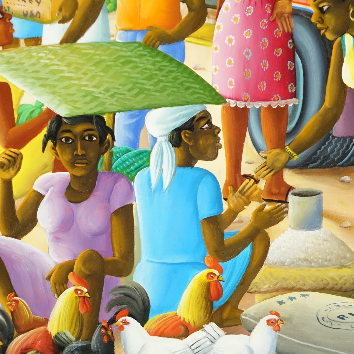 Andre Normil, Haitian (born 1934) Oil on Canvas, Busy Street Scene, Signed Lower Right. Artist information attached en verso.