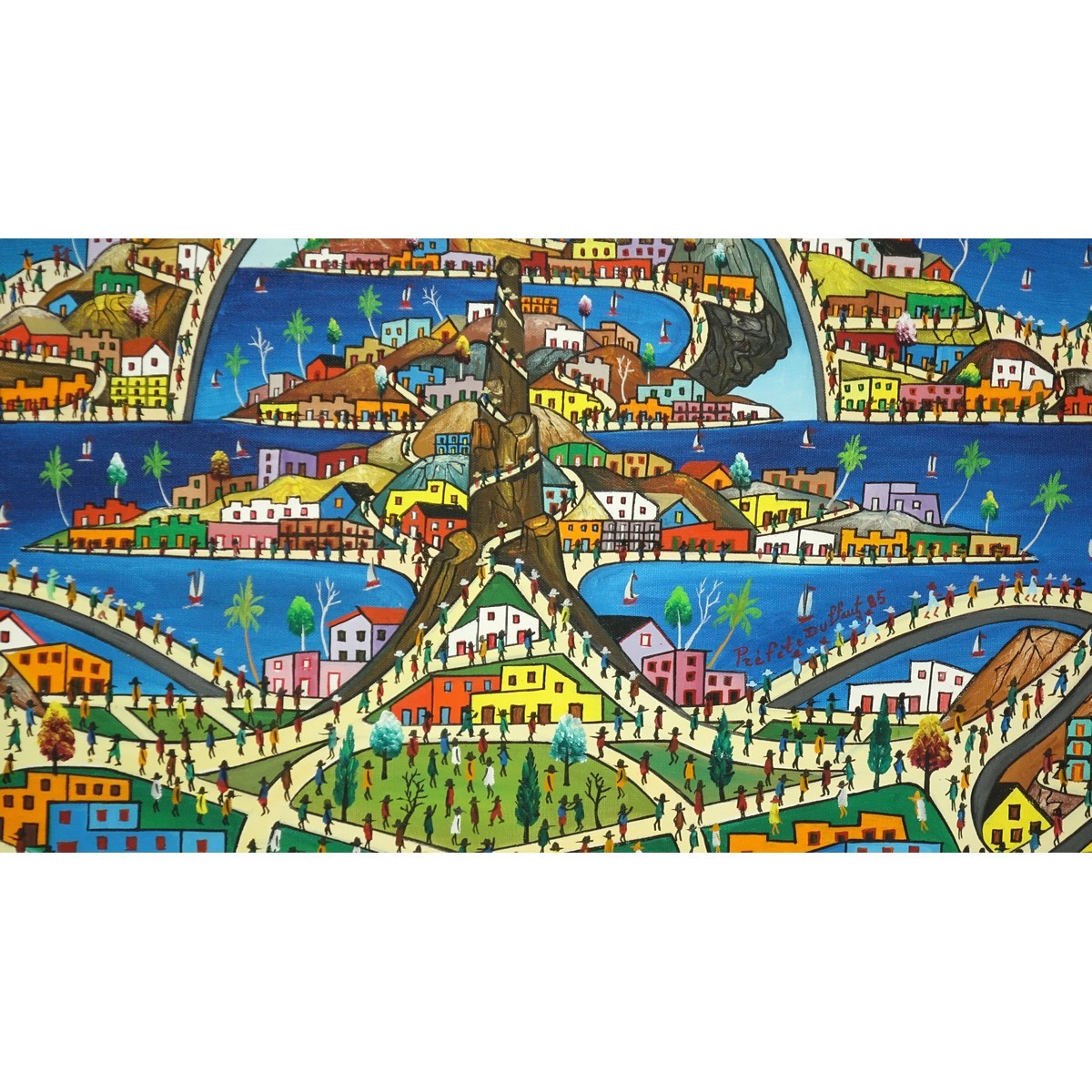 Prefete Duffaut, Haitian (1923 - 2012) Oil on Canvas, Fantasy Coastal City, Signed Center. Artist information attached en verso.