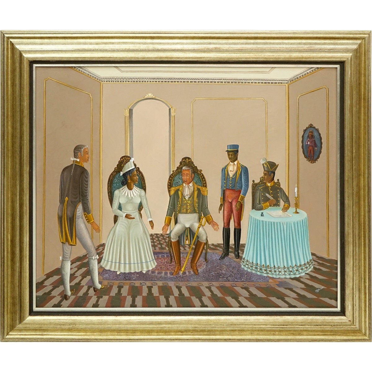 Serge Moleon Blaise, Haitian (born 1954) Oil on Canvas, Interior Scene with President Alexandre Pétion and his Statemen, Signed Lower Right. Artist information attached en verso.