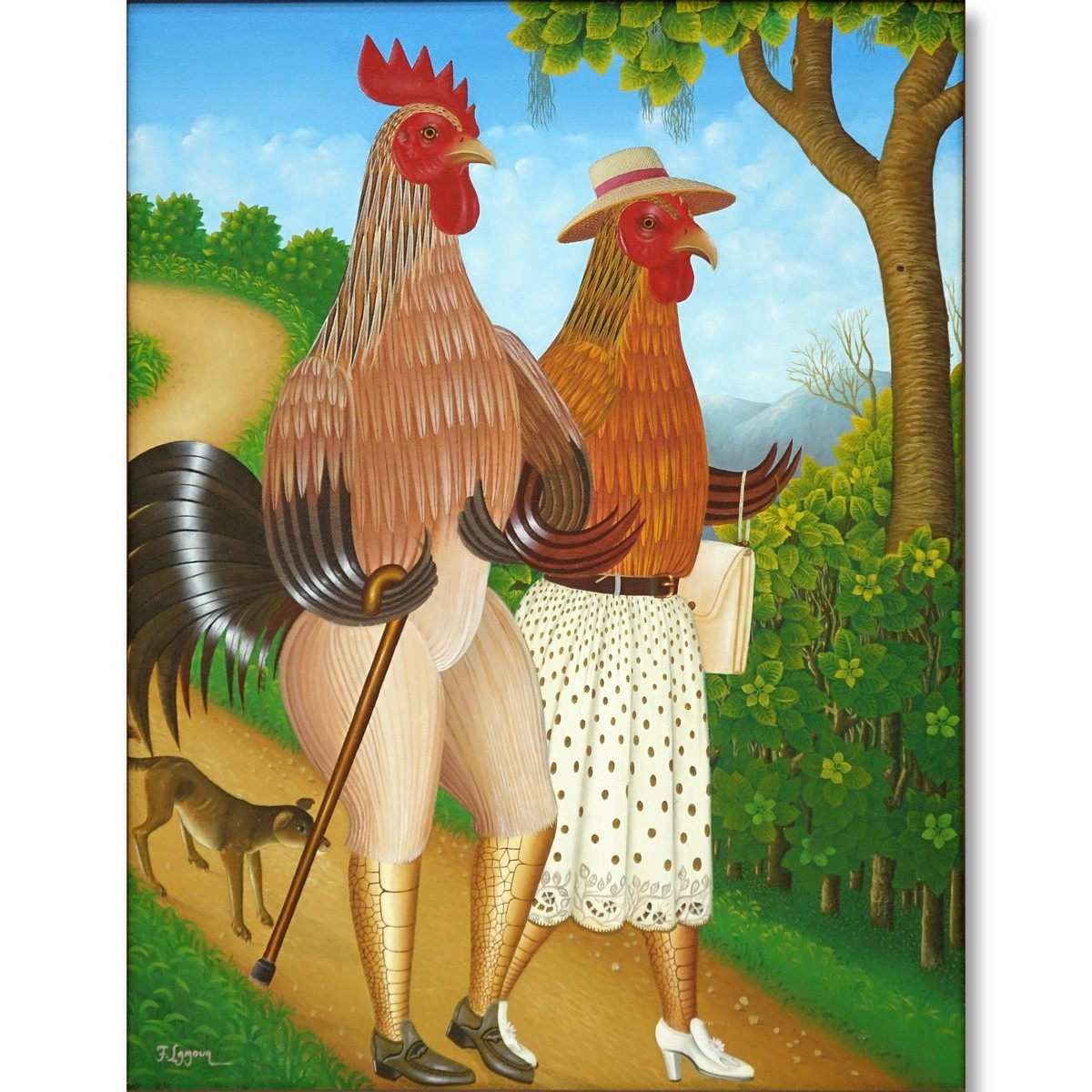 Fritzner Lamour, Haitian  (born 1948) Oil on Canvas, Bird Couple Holding Arms, Signed Lower Left. Good condition.