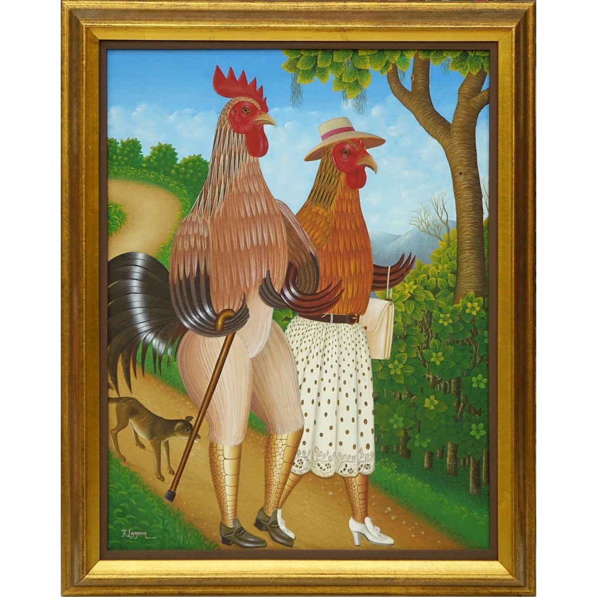 Fritzner Lamour, Haitian  (born 1948) Oil on Canvas, Bird Couple Holding Arms, Signed Lower Left. Good condition.